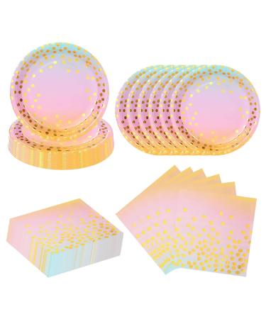 80pcs Pastel Rainbow Party Supplies Disposable Golden Dot Paper Plates and Napkins Party Tableware for Rainbow Pastel Birthday Wedding Baby Shower Graduation Pastel-80-tableware