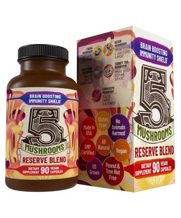 Hippie Farms 5 Mushrooms Reserve Blend Mushroom Supplement - Lions Mane Turkey Tail Reishi Chaga Cordyceps - Immune System Brain Cognition Energy Mood Support