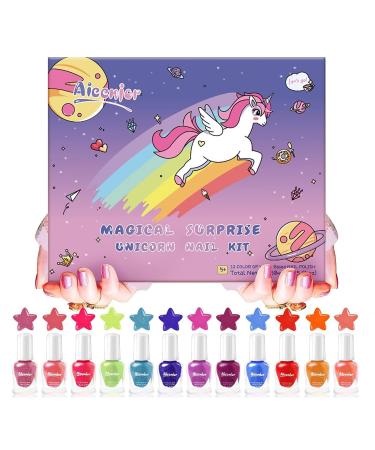 Aieenjor nail polish children set on water-based children's nail polish non-toxic 12 colors removable and quick-drying children nail polish girls perfect for birthday gifts 12-PCs pink unicorn