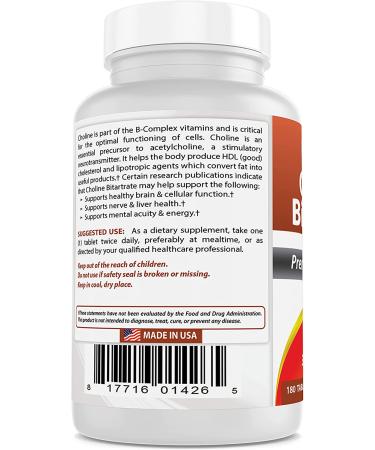 Best Naturals Choline Bitartrate 650mg (Non-GMO) - 180 Tablets for Cognitive Brain Function - Buy Online on GoSupps.com