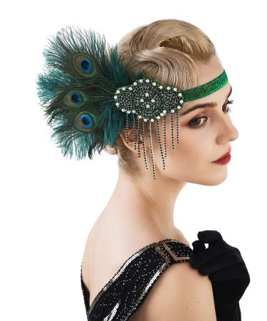 SWEETV Rhinestone Flapper Headband 1920s Headpiece  Great Gatsby Headpiece Flapper Hair Accessories for Women  Dark Green 01.green-peacock