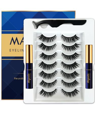 Alcastar False Eyelashes 7pairs Magnetic Lashes with Eyeliner & Tweezers Faux Mink Natural Look Reusable Long Lasting Easy Apply Cruelty Free