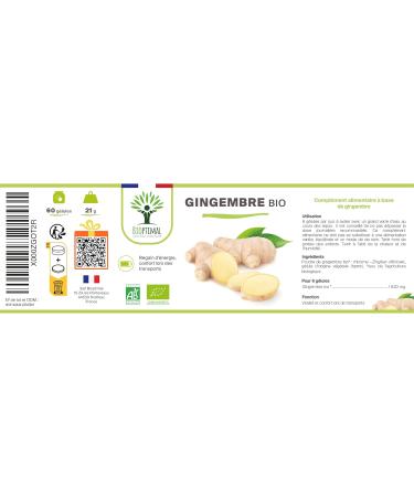 Gingembre Bio - Bioptimal - Compl ment alimentaire - Energie Mal des transports Digestion Sexualit - Poudre de Racine - 270 mg par G lule - Fabriqu en France - Certifi par Ecocert - 60 g lules 60 unit (Lot de 1) - Buy Online on GoSupps.com
