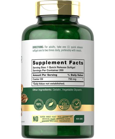 Castor Oil 750mg Softgels - 200 Pills | Non-GMO & Gluten-Free Herbal Supplement by Carlyle - Buy Online on GoSupps.com