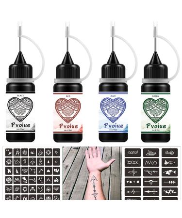 Temporary Tattoos Kit  Permanent Tattoo  4 Pcs with Three Colors  DIY Tattoos  Full Kit 78 Pcs Adhesive Stencil for Women Kids Men Body Markers - 4 Bottles (Black/Red/Blue/Green)