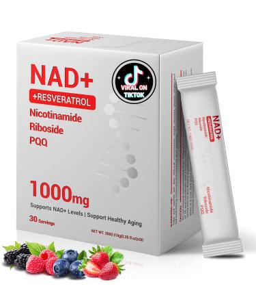 NAD Supplement 1000mg with Resveratrol Pure Organic Liquid Packets - Nicotinamide Riboside Supplements with PQQ - Liposomal NAD+ Berry Flavor Drink - Cellular Energy & Anti-Aging Support 30 Packs