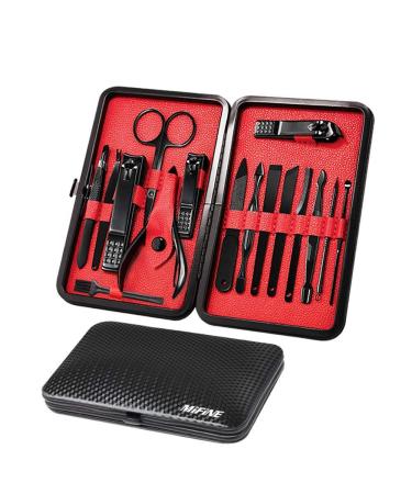 Manicure Set Pedicure Set Nail Clippers Mifine 16 in 1 Stainless Steel Professional Pedicure Kit Nail Scissors Grooming kit with Black Leather Case Red