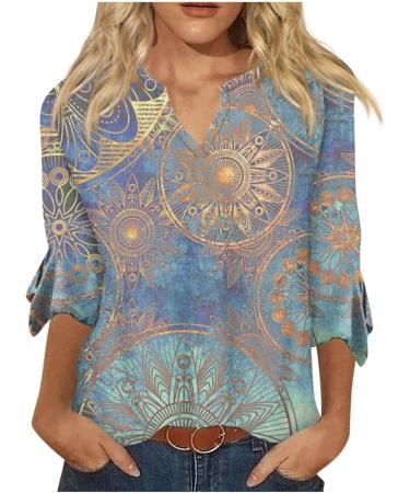 Light Blue Floral 3/4 Sleeve Women's Blouse | Summer Tunic with Trumpet Sleeves | Comfortable & Stylish Shirt - Buy Online on GoSupps.com