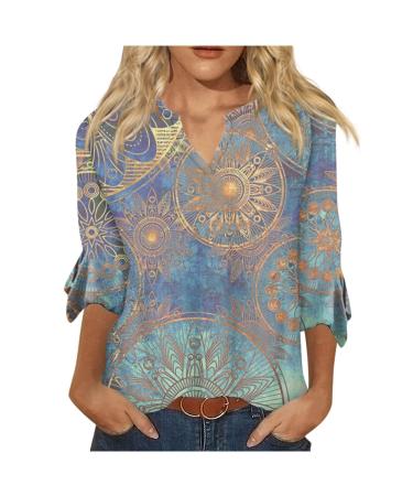 Shirt ladies 3/4 arm flowers printed trumpet sleeves t shirt v cutout summer blouse women basic shirt musselin blouse festive tops light tunic blouse comfortable shirt blouse unusual shirt s light blue