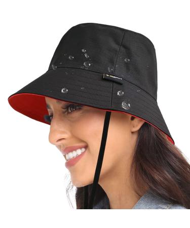 Water Repellent Reversible Waterproof Bucket Rain Hat with Removable Chin Strap Cute Double Side Summer for Womens and Ladies Small-Medium Black/Red
