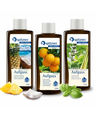 Spitzner sauna infusion set emotion (3 x 190 ml)-wellness sauna with aromatic sauna air pineapple coconut orange and lemon grass basil
