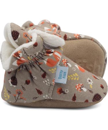 Dotty Fish Cotton Baby Booties with Suede Sole, Warm Fleece Lining | Non-Slip Pram Shoes for Boys, Girls, Unisex | Winter First Shoes 0-6 Months Brown Woodland Animals - Buy Online on GoSupps.com