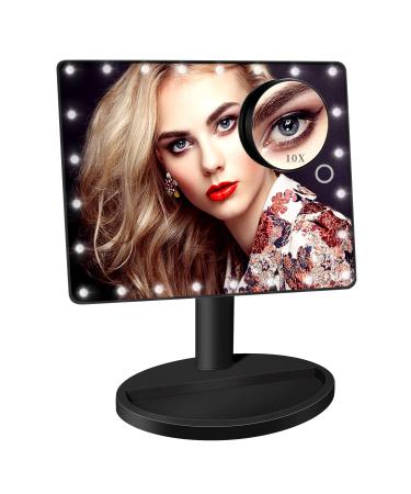 12" Large Makeup Mirror with Lights and 10X Magnification Small Mirror, Touch Adjustable Brightness LED Desk Make Up Mirror Dual Power, 360°Rotation Tabletop Lighted Vanity Mirror with Stand( Black)