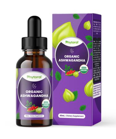 Phytoral Organic Ashwagandha Liquid Drops for Adults - Potent Liquid Ashwagandha Root Extract for Energy and Mood Support - Tincture Vegan Non-GMO Gluten & Alcohol-Free (120 Servings) 2 Fl Oz (Pack of 1)