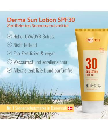 DERMA Sun Lotion SPF30 for Face and Body | Non-Greasy & Waterproof | Moisturising Sun Protection UVA-UVB with Vitamin E and Natural Oils | Fragrance-Free for Sensitive Skin | 200 ml - Buy Online on GoSupps.com