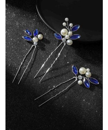 Latious Bride Wedding Hair Pins - Pearl & Blue Crystal Hair Clips (Pack of 3) - Rhinestone Hair Accessories in Silver - Buy Online on GoSupps.com