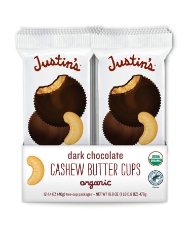 Justin's Organic Dark Chocolate Cashew Butter Cups, Rainforest Alliance Certified Cocoa, Gluten-free, Responsibly Sourcd, 1.4 Ounce (Pack of 12)
