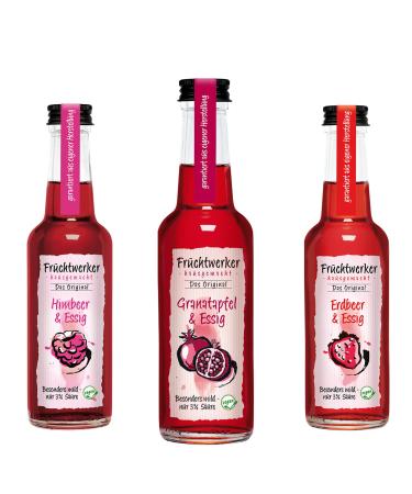 Fruchtwerker Vinegar and Pomegranate Set I Different Varieties I Fruity I Fruit Vinegar I Set Vinegar I Pure Vegetable I Sweet I In Glass Bottles (Pomegranate + Raspberry + Strawberry)