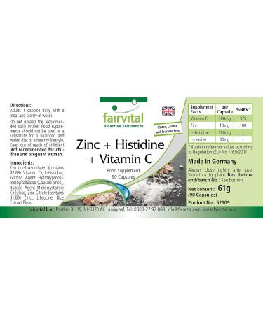 Fairvital | Zinc + Histidine + Vitamin C - for 3 months - with 300mg of Vitamin C 10mg of Zinc & 100mg of Histidine per capsule - Vegan - 90 capsules - Buy Online on GoSupps.com