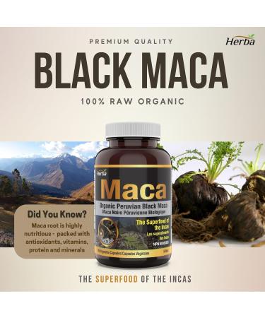 Herba Organic Black Maca Capsules - 500mg 180 Capsules | Peruvian Black Maca for Men and Women | Provides Antioxidants | Black Maca Root Capsules - Buy Online on GoSupps.com