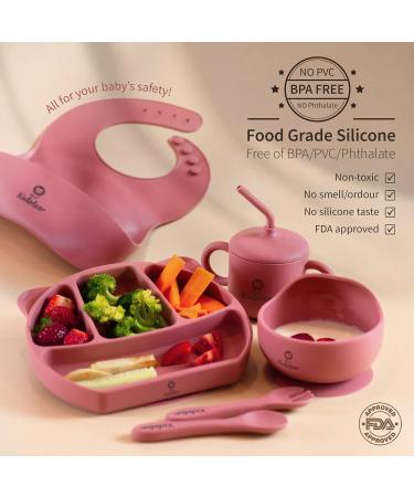 KIDOLEO Silicone Baby Weaning Set - Suction Plate, Bowl, Sippy Cup, Bib, Fork & Spoon - 7 Piece Toddler Feeding Set (Pink) - Buy Online on GoSupps.com
