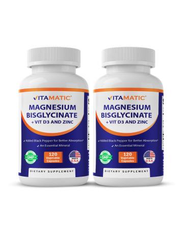Vitamatic Magnesium (from Bisglycinate & Oxide) with Vitamin D3 & Zinc - 120 Veg Capsules - Supports Muscle, Joint, Nerve & Heart Health Non-GMO, Gluten-Free - 2 Pack