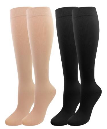 2 pairs of medical compression stockings women & men 20-30 mmHg class 2 closed toe area graded support support stockings for varicose veins edema flight l black+beige