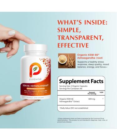 PureWise KSM-66 Ashwagandha 600mg Extra Strength Formula - Stress Relief Supplement for Sleep Support & Mood Support - Organic Full Spectrum 5% Withanolides - 120 Capsules - Buy Online on GoSupps.com