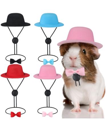 4 Sets 8 Pieces Guinea Pig Clothes Small Animal Bow Ties Pet Hats Outfit Suit Cosplay Cool Kawaii Pet Black Hat for Hamster Ferret Cat Rats Puppy Kitten Hedgehog Bearded Dragon