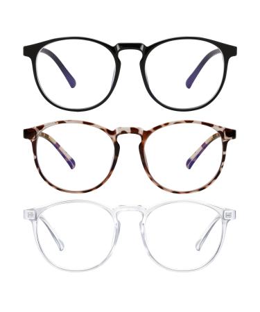Blue Light Blocking Glasses - Women/Man 3Pack Round Frame Computer/Reading/Gaming Blue Light Glasses Non Prescription (black+touming+douhua)