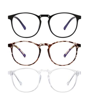 Blue Light Blocking Glasses - Women/Man 3Pack Round Frame Computer/Reading/Gaming Blue Light Glasses Non Prescription (black+touming+douhua)