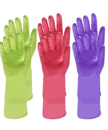 Protoiya 3 Pairs Kitchen Dishwashing Gloves Colorful Reusable Kitchen Gloves Anti-Slip Household Cleaning Gloves Rubber Cleaning Gloves Multipurpose Rubber Gloves for Washing Dishes and Cleaning Tasks