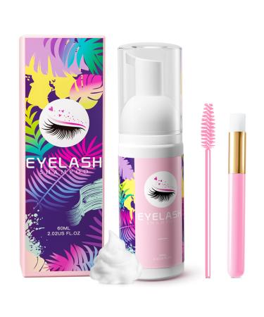 Lash Shampoo for Lash Extensions 60ml Eyelash Extension Cleanser Lash Shampoo Cleaning Kit with Shampoo Brush & Mascara Brush-No Irritating Foaming Eyelash Makeup Remover for Home Salon Use