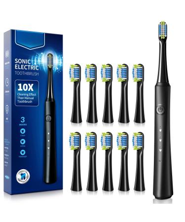 Electric Toothbrush for Adults, Kids, Portable Sonic Toothbrush with 10 Replacement Bristle Heads Black