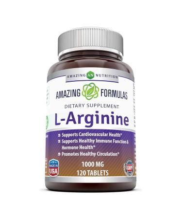 Amazing Nutrition L-Arginine 1000mg Supplement - Best Amino Acid Arginine HCL Supplements for Women & Man - Promotes Circulation and Supports Cardiovascular Health - Tablets (Non-GMO,Gluten Free) (120 Count) 120 Count (Pac…