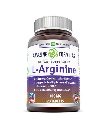 Amazing Nutrition L-Arginine 1000mg Supplement - Best Amino Acid Arginine HCL Supplements for Women & Man - Promotes Circulation and Supports Cardiovascular Health - Tablets (Non-GMO,Gluten Free) (120 Count) 120 Count (Pac…