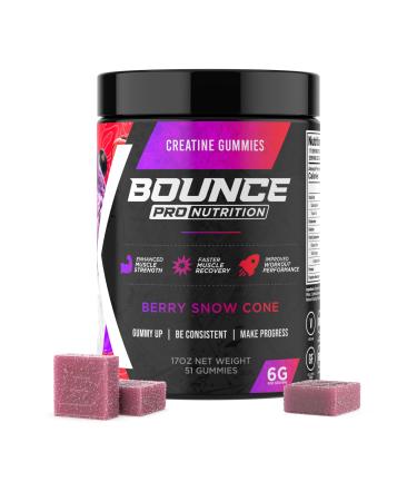 Bounce Pro Creatine Monohydrate Gummies for Men & Women, Low Calorie, 6G of Creatine per Serving, Vegan, Anti-Melting, Gluten-Free, Non-GMO, 2g of Creatine per Gummy (51ct, Berry Snow Cone) Berry Snow Cone 51 Count (Pack of