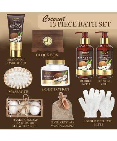 Fathers Day 13Pc Premium Coconut Spa Kit in Vintage Wooden Box - Body Lotion, Handmade Soap, Bath Bomb, Shampoo & Conditioner Set for Men & Women - Buy Online on GoSupps.com