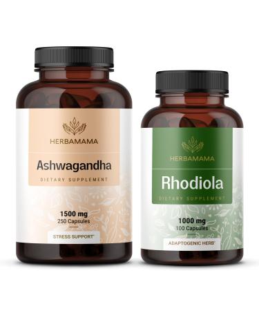 HERBAMAMA Ashwagandha and Rhodiola Rosea Kit - Bundle of 1500mg Ashwagandha Root Capsules & 1000mg Rhodiola Rosea Capsules - Vegan Non-GMO Gelatin-Free - 2 Pack