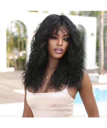 18 Medium Long Black Wig with Bangs for Women - Heat Resistant Synthetic Curly Wavy Wig for Cosplay and Halloween - Black #4 - Buy Online on GoSupps.com