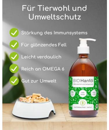 Wolfsbach Organic Hemp Oil for Dogs & Cats 500ml | Omega 3 & 6 | Cold-Pressed 100% Organic from Germany | Ideal Feed & BARF Oil - De- ko-060 - Buy Online on GoSupps.com
