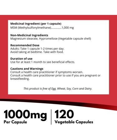 Nutridom MSM 1 000mg Supports Joint Health Methylsulfonylmethane Supplement Non-GMO Vegan Gluten-Free Dairy & Soy Free (120 Veggie Capsules) - Buy Online on GoSupps.com