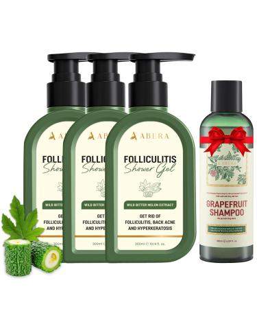 ABERA Folliculitis Shower Gel with Wild Bitter Melon Extract BHA Shower Gel Reduces Back Acne & Hyperkeratosis Smooth Texture 10.14 fl oz 3 Boxes + Gift Hair Regrowth Shampoo