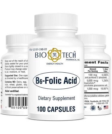 Bio-Tech Pharmacal B6-Folic Acid 100 Capsules All-Natural Supplement Supports Cardiovascular Bone & Nervous System Health No Dairy Fish Gluten Peanut Shellfish Halal & Soy No Standard Packaging