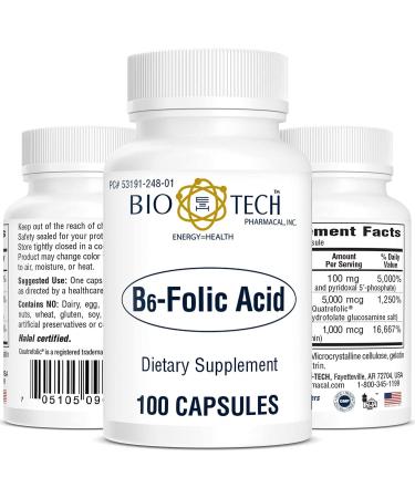 Bio-Tech Pharmacal B6-Folic Acid 100 Capsules All-Natural Supplement Supports Cardiovascular Bone & Nervous System Health No Dairy Fish Gluten Peanut Shellfish Halal & Soy No Standard Packaging - Buy Online on GoSupps.com