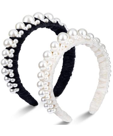 OIIKI 2PCS Pearl Headband Velvet Wide Hairpin Headbands Bling Faux Pearl Rhinestones Bridal Hair Hoop Hair Accessories for Women Girls - White  Black