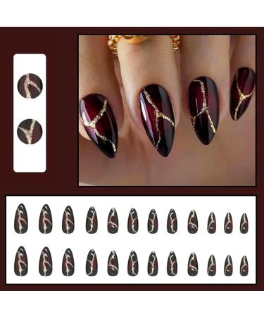 24Pcs Short Dark Red Almond French Press on Nails - Glossy Acrylic French Tips with Gold Design for Women and Girls - Buy Online on GoSupps.com