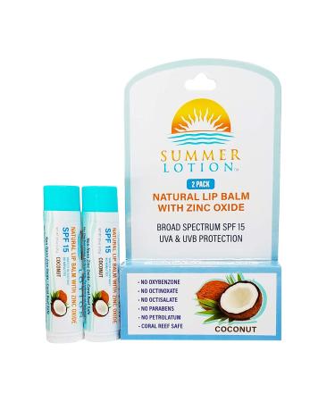 Natural Lip Balm with Zinc Oxide Sunblock by Summer Lotion, SPF 15 Lip Sunscreen 2-Pack, Water Resistant Chapstick, SPF Lip Protection for Everyone, (Coconut) - Buy Online on GoSupps.com