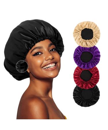 Vorey Satin Bonnet for Sleeping Silk Bonnet Hair Bonnet for Women Large Double Layer Adjustable Bonnet  Black