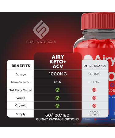 Airy Keto Gummies | Advanced 1000mg Apple Cider Vinegar Multivitamin Supplement | Maximum Strength B6 B12 Folic Acid | 60 Gummies for Effective Weight Support - Buy Online on GoSupps.com